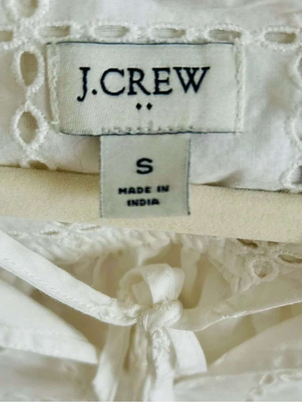 J.Crew White Eyelet Tie-Neck Peasant Top S